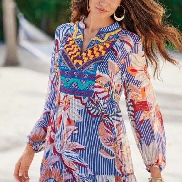 Soft Surroundings Tops - Soft Surroundings Tory Tunic – Floral Stripe Crinkle Chiffon Blouse (Size PL)